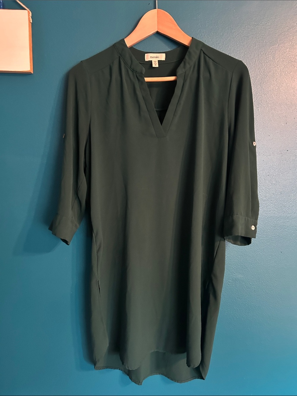 meraki Dark Green V-Neck Midi Tunic Dress
